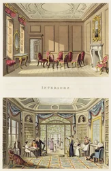 Interieurs: De oude cederkamer en de moderne woonkamer, uit 